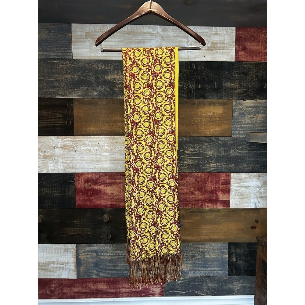 Vintage Gianni Versace Scarf Tassel Madusa Large Gold Red  Silk